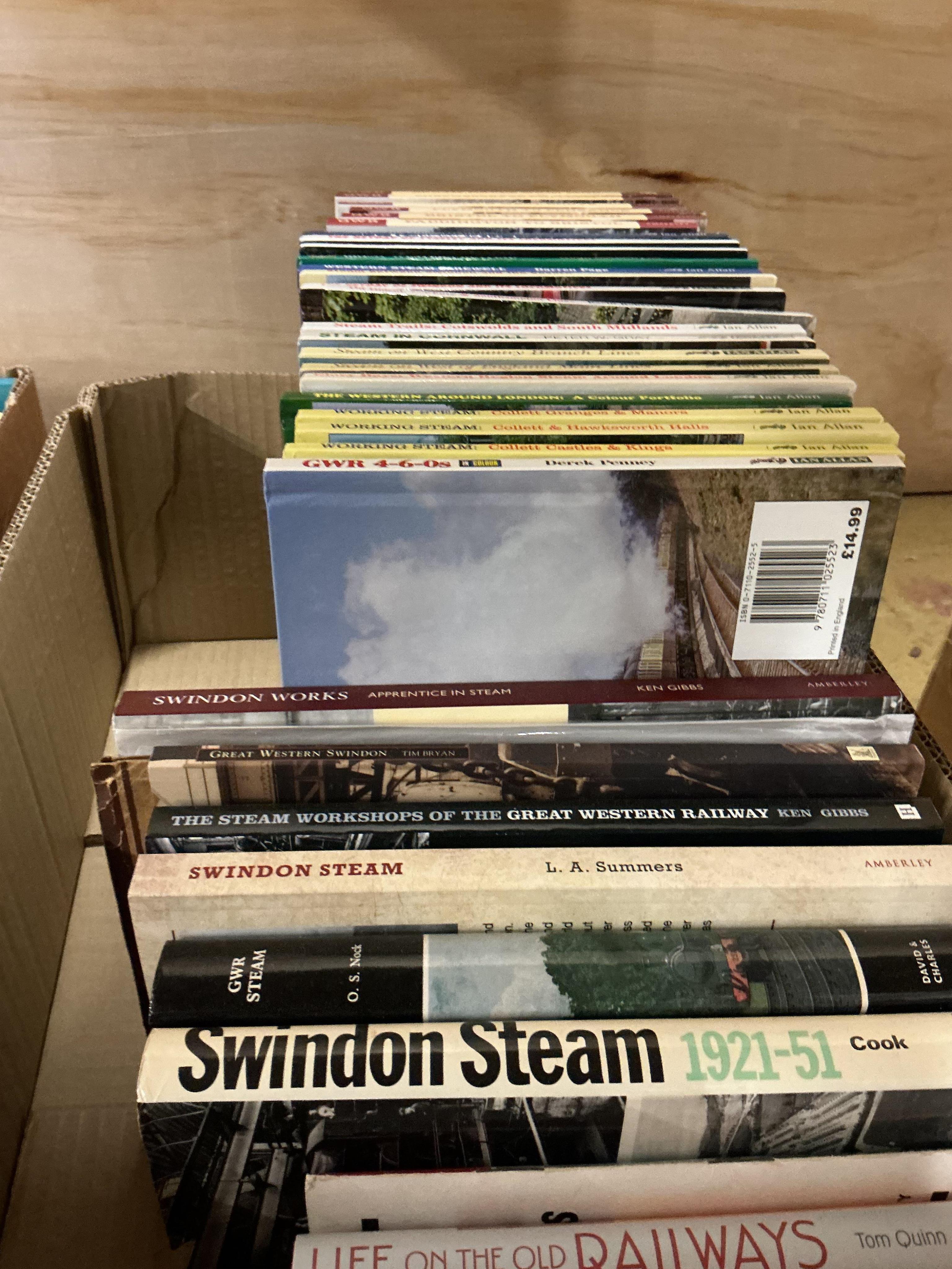 Three boxes of railway related books, subjects include; British Railways Locomotives & Coaching Stock year books, GWR, Swindon Steam, London and South Western Railway, Great Western Coaches, etc., publishers include; Pla